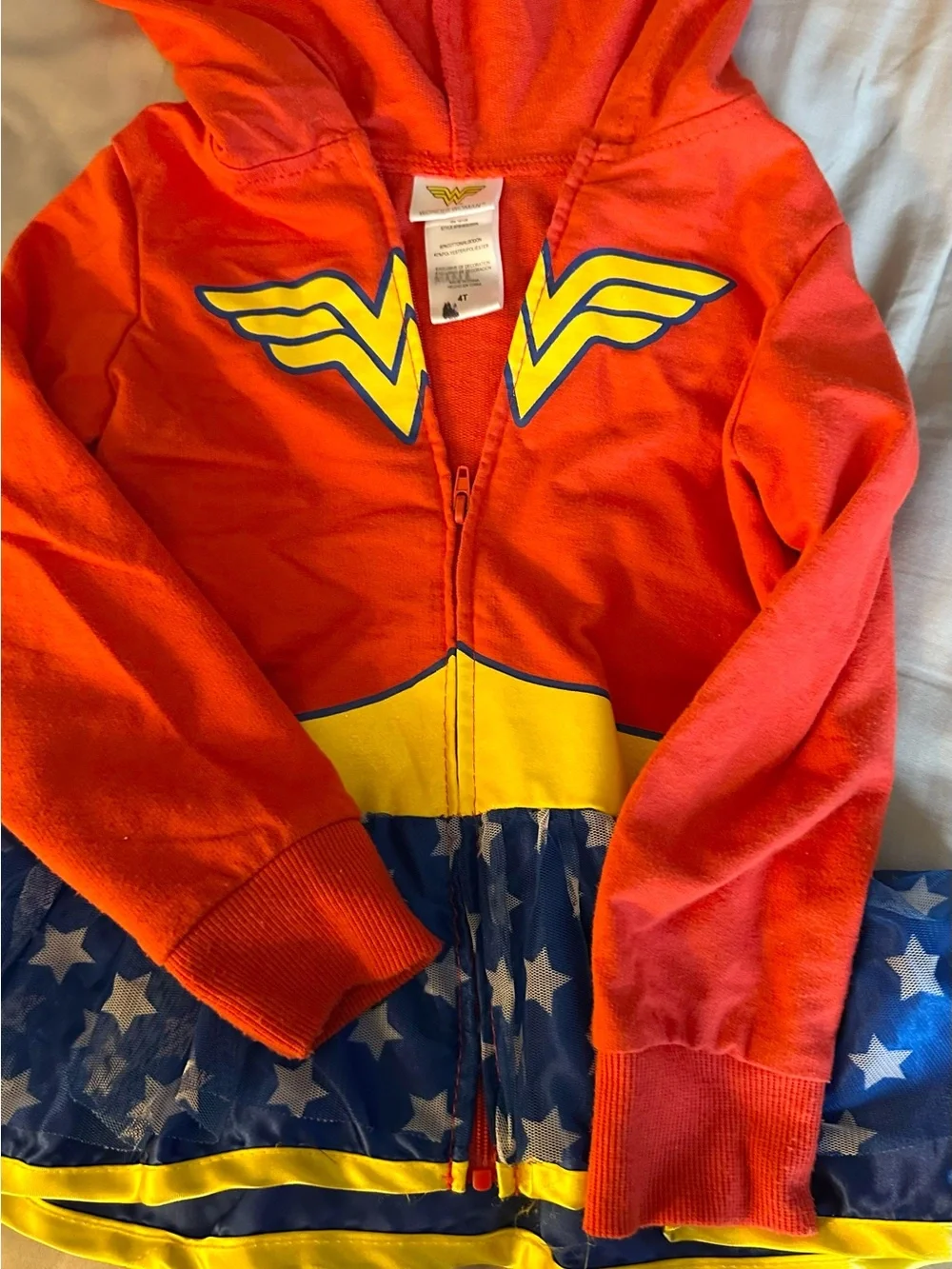 Kids Wonder-Inspired Red & Blue Zip Hoodie with Star Skirt